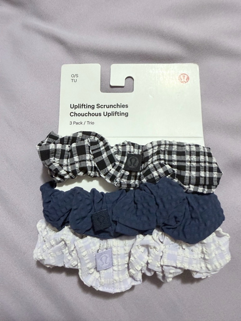 Lululemon Uplifting Scrunchies 3-Pack — Black Plaid, Navy, Lavender